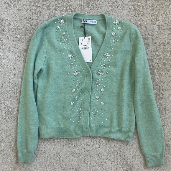 Zara Cardigan Sweater: Mint Green with Pearls; Size Large New with Tags - Picture 1 of 8